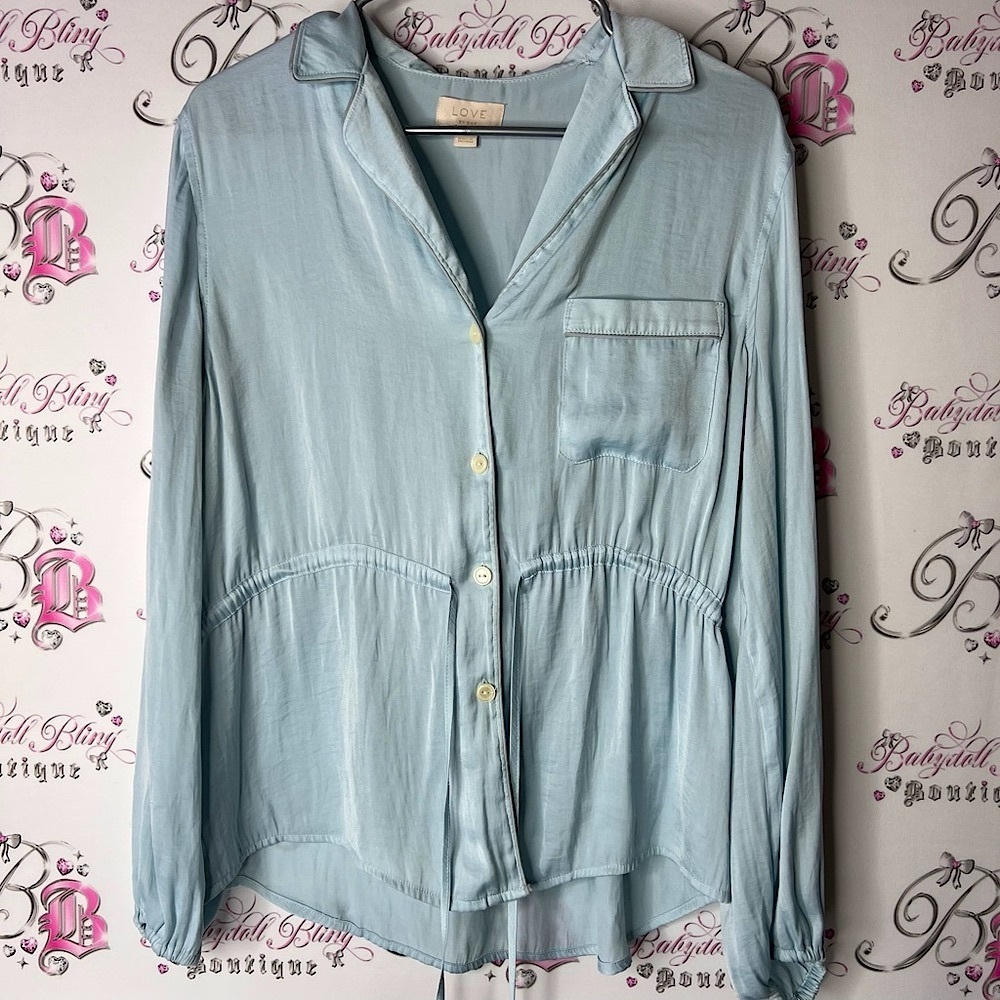 LOVE by GAP Blue Long Sleeve Peplum Blouse with Notched Collar medium shiny